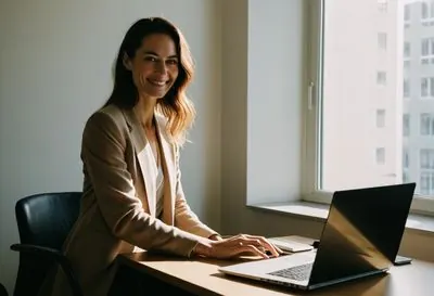 امرأة مبتسمة أمام حاسوب محمول عند نافذة مكتب هادئ وخاص
