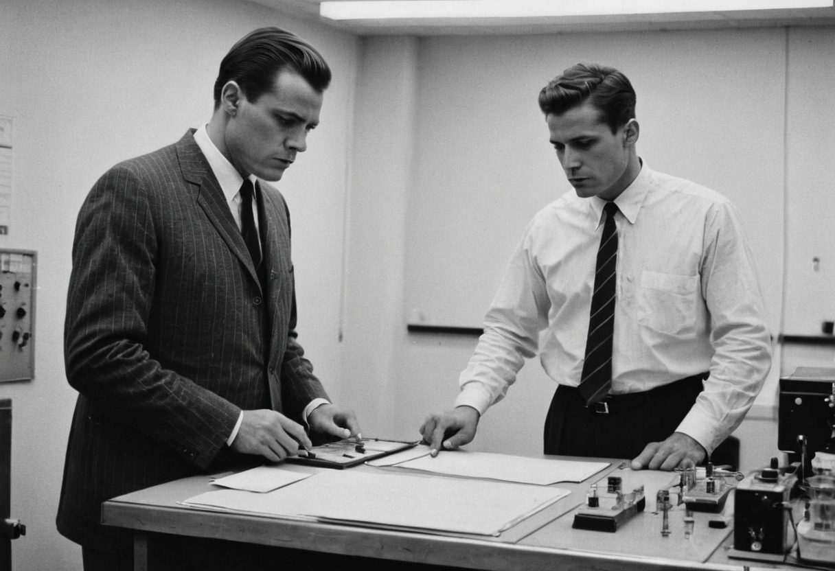 A black-and-white 1960s psychology lab, two researchers in suits working at a control panel