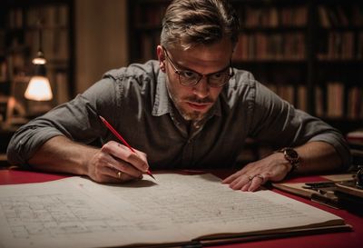 An editor with glasses marking a printed manuscript with a red pencil