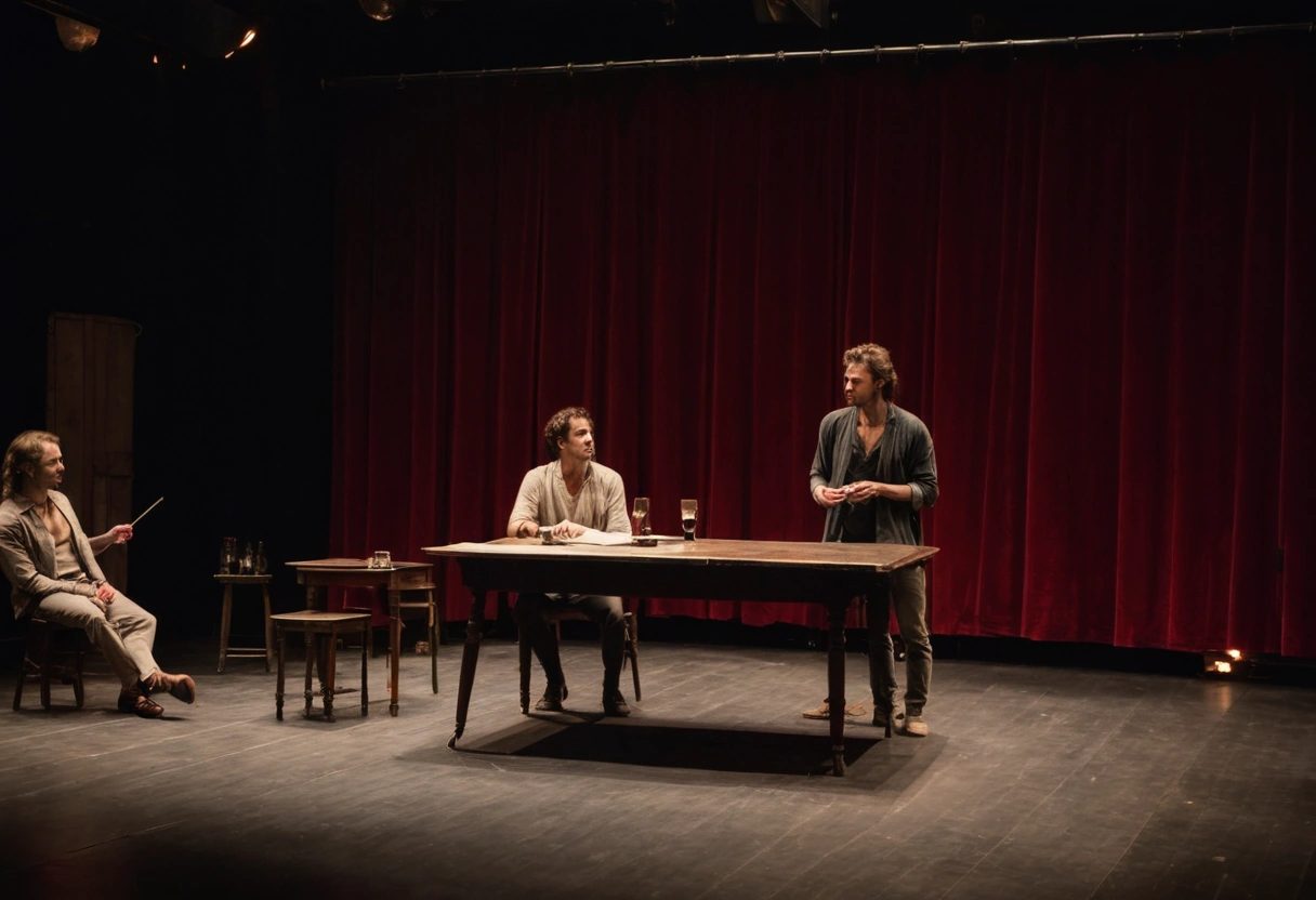 Actors rehearsing around a table on an empty theater stage in front of a red curtain