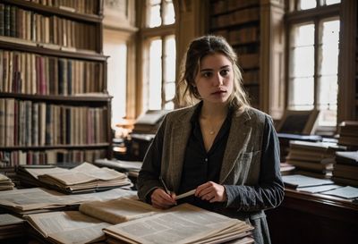 A young journalist taking notes among stacks of newspapers and books in a library