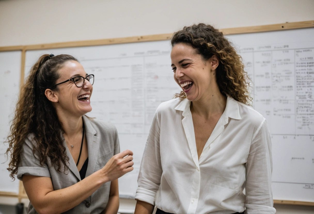 Two economists laughing in front of a whiteboard covered in notes