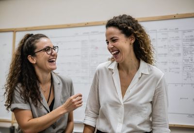 Two economists laughing in front of a whiteboard covered in notes