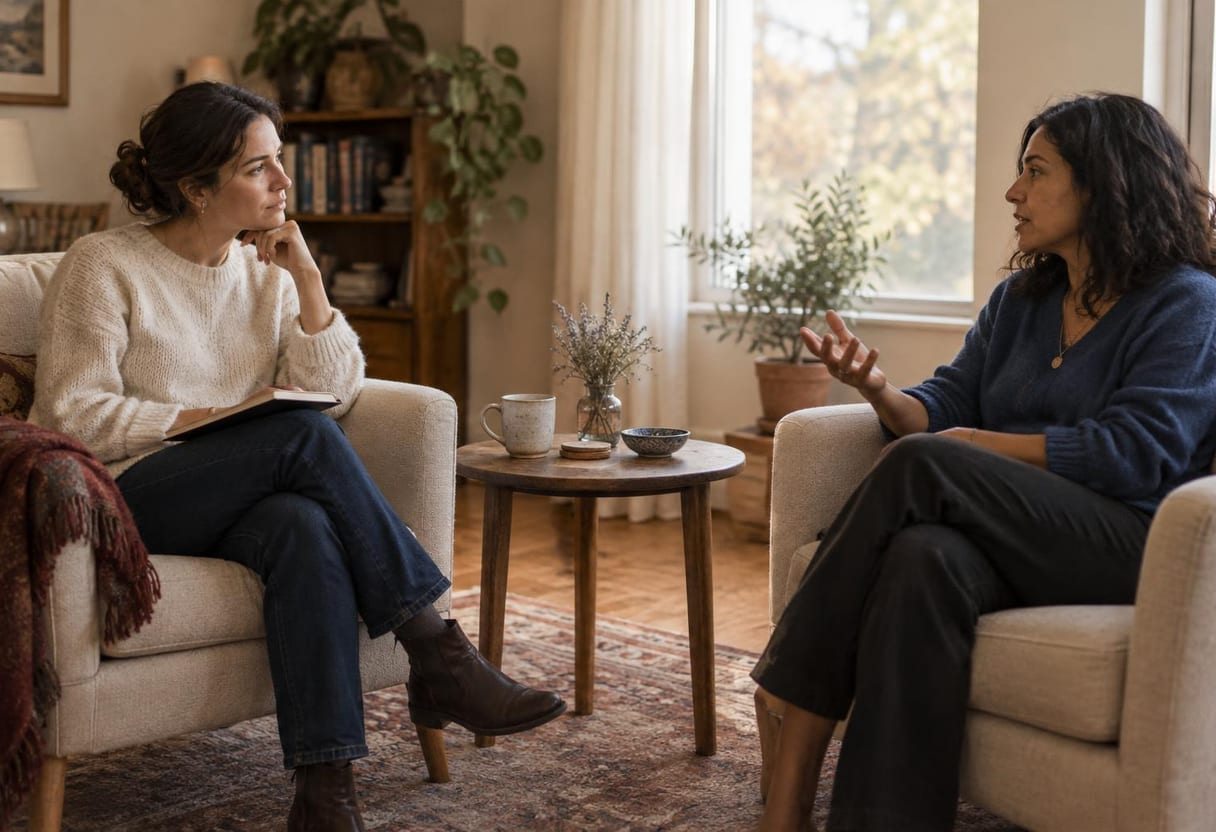 Two women talking in armchairs across a small wooden table in a sunlit living room, one listening with her chin on her hand and a notebook on her lap while the other gestures as she speaks