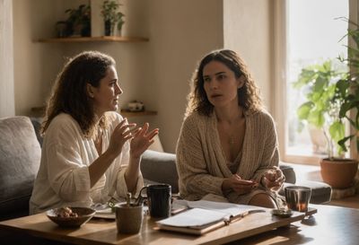 Two women in a cozy living room interview, one talking with her hands while the other takes notes