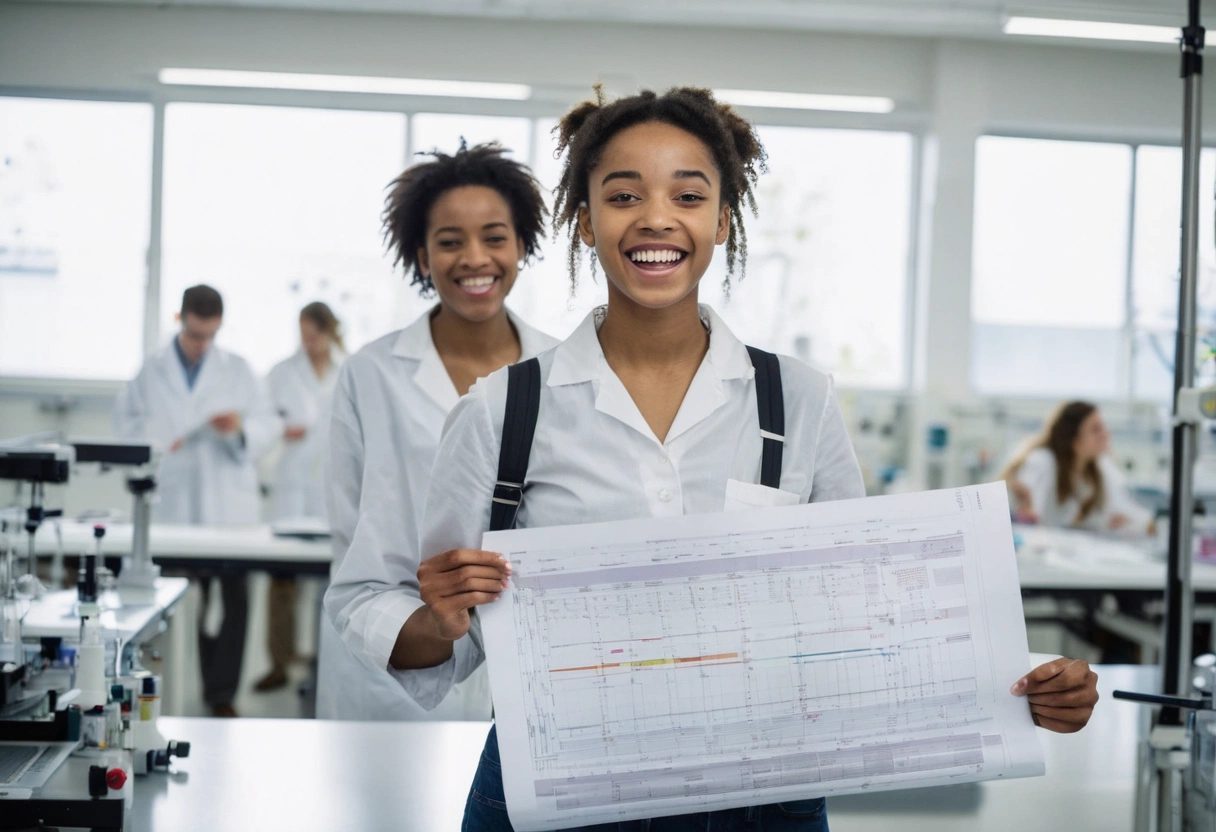 A smiling young scientist holding up a printed chart in a bright laboratory, colleagues behind her