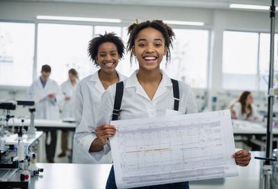 A smiling young scientist holding up a printed chart in a bright laboratory, colleagues behind her
