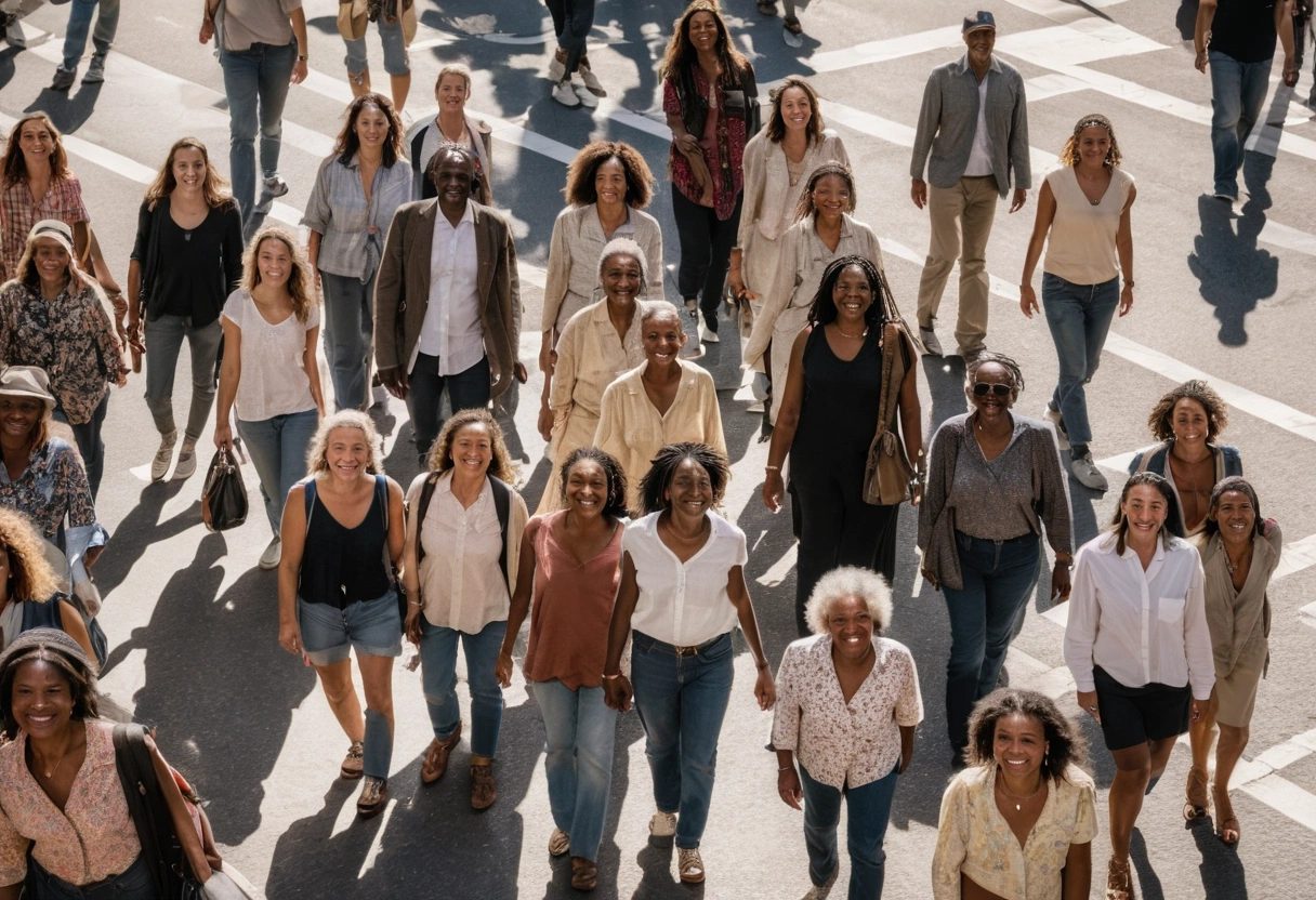 A crowd of people of all ages crossing a sunny city street, seen from above