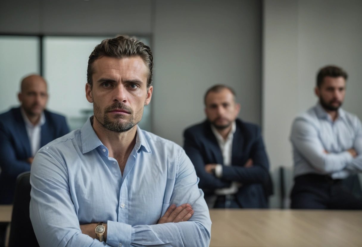 A skeptical man with arms crossed in a meeting room, colleagues behind him