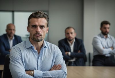 A skeptical man with arms crossed in a meeting room, colleagues behind him