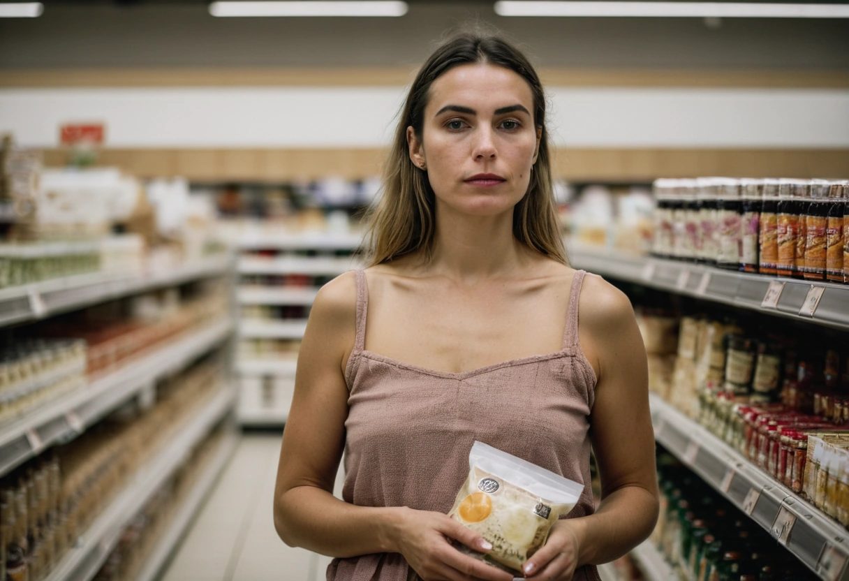 A woman in a supermarket aisle holding a product and weighing the price