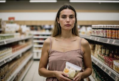 A woman in a supermarket aisle holding a product and weighing the price