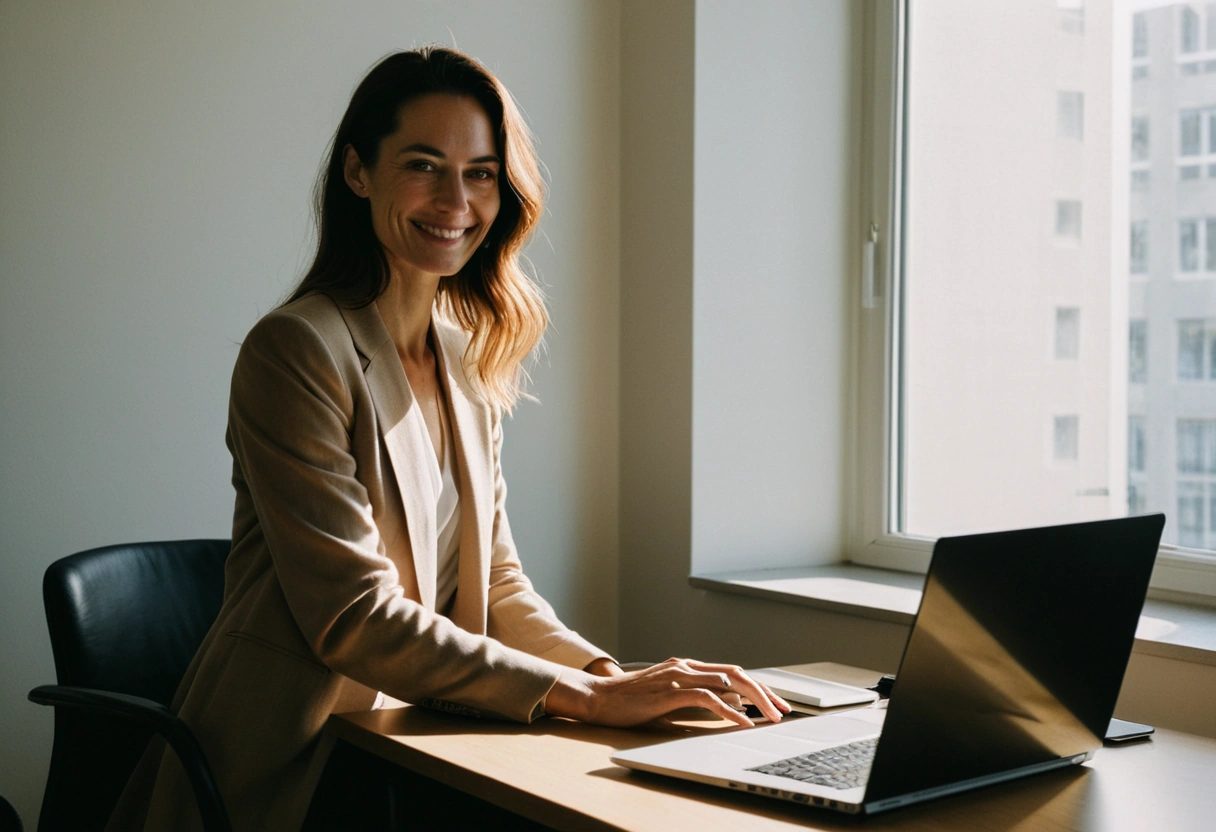 A smiling woman at a laptop by the window of a calm, private office