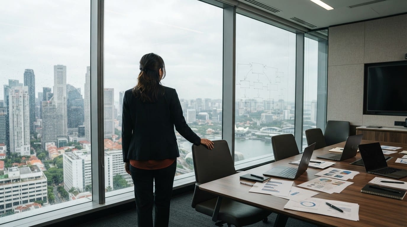 A consultant presenting in a client boardroom